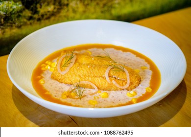 Fried Catfish And Blue Corn Grits Southern Style Breakfast Meal