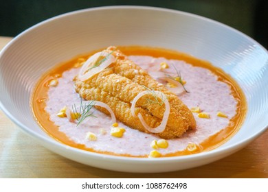 Fried Catfish And Blue Corn Grits Southern Style Breakfast Meal