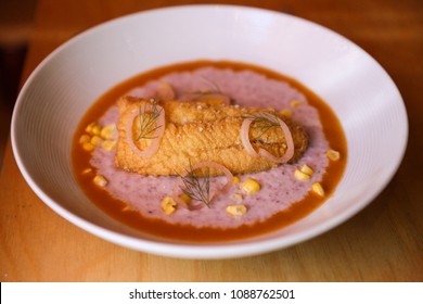 Fried Catfish And Blue Corn Grits Southern Style Breakfast Meal