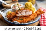 Fried Catfish: Southern comfort food, crispy fried catfish fillets seasoned with spices, served with tartar sauce and a side of hush puppies.