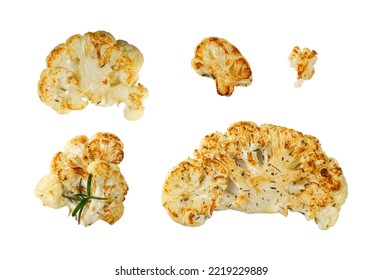 Fried Cauliflower Slices Isolated, Baked Cauliflower Steaks, Roasted Cabbage Steak with Herbs Top View, Clipping Path