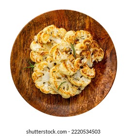 Fried Cauliflower Slices On Wood Plate Isolated, Baked Cauliflower Steaks, Roasted Cabbage Steak With Herbs Top View