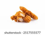 Fried chicken breast strips on white background. Isolated chicken crisps