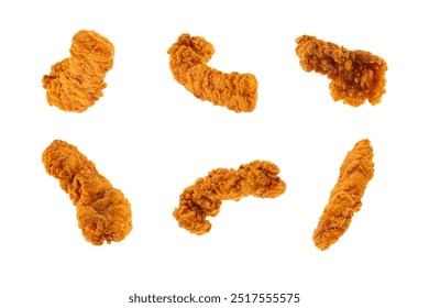 Fried chicken breast strips on white background. Isolated chicken crisps