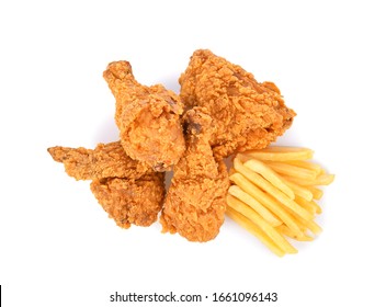 Fried Chicken And French Fries Isolated On White Background. Top View