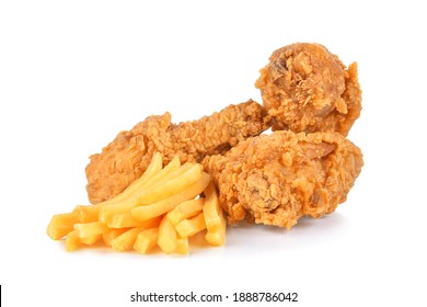 Fried chicken and french fries isolated on white background.