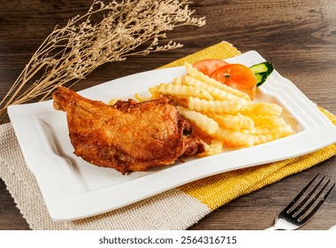 Pollo frito con papas fritas y ensalada servida en bandeja aislada en la vista lateral de la servilleta de comida de Hong Kong en mesa de madera