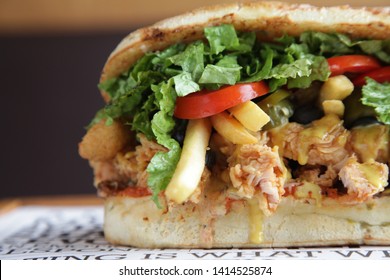 Fried Chicken Hoagie Sandwich With Lots Of Vegetables Fries 