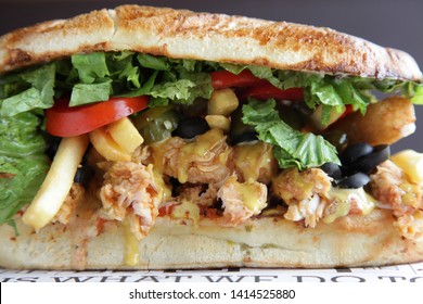 Fried Chicken Hoagie Sandwich With Lots Of Vegetables Fries 