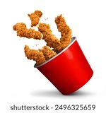 Fried Chicken hot crispy strips crunchy pieces of tenders in a Bucket - large Red box isolated in white background	
