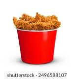 Fried Chicken hot crispy strips crunchy pieces of tenders in a Bucket - large Red box isolated in white background	
