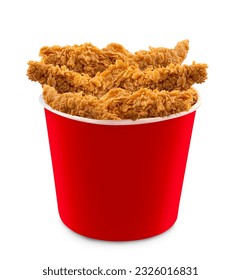 Fried Chicken hot crispy strips crunchy pieces Bucket - large Red box isolated on white background	
