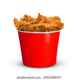 Fried Chicken hot crispy strips crunchy pieces of tenders in a Bucket - large Red box isolated in white background	
