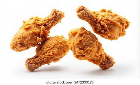 Fried chicken legs falling in the air isolated on white background.