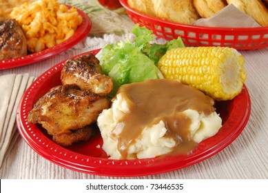 Fried Chicken With Mashed Potato And Gravy