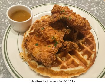 Fried Chicken On Waffle With Sauce.