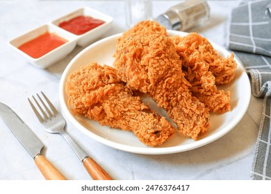 Fried chicken on a white plate with tomato sauce and chili sauce, top view food table 