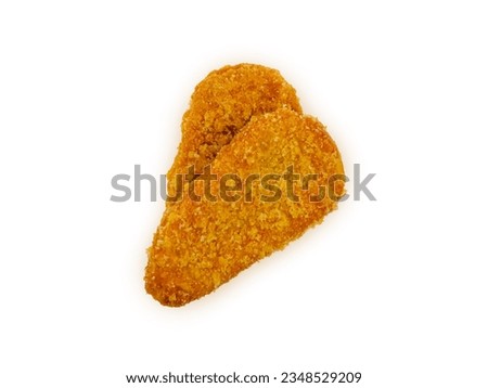 fried chicken pane, chicken breast fillets two pieces top view isolated on white background