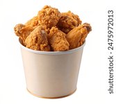 Fried chicken in paper bucket isolated on white background, Fried chicken on white With clipping path.