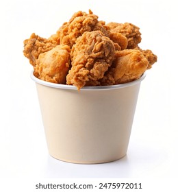 Fried chicken in paper bucket isolated on white background, Fried chicken on white With clipping path.