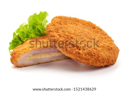 Fried Chicken schnitzel cordon bleu with cheese in breadcrumbs, restaurant food, isolated on white background.