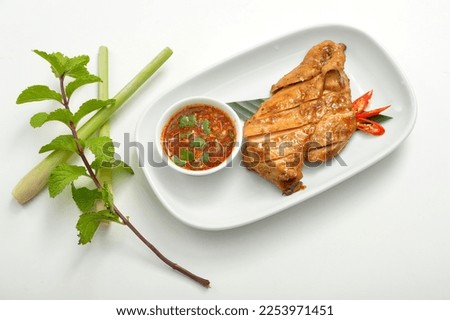 Fried chicken with Spicy Tamarind Sauce on white background top view. 
