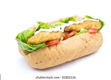 Fried Chicken Sub sandwich from low perspective isolated on white.