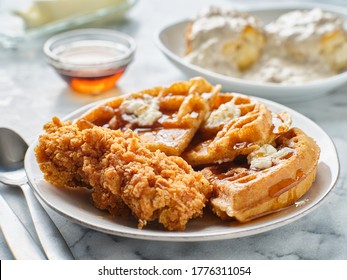 Fried Chicken And Waffles Breakfast With Syrup