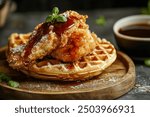 Fried Chicken and Waffles with Syrup Drizzle