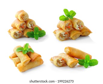 Fried Chinese Traditional Spring Rolls Food Isolated On White Background