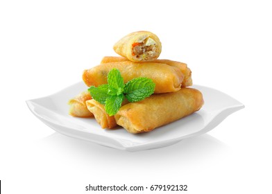Fried Chinese Traditional Spring rolls food in ceramic plate (beautiful shape) on white background - Shutterstock ID 679192132