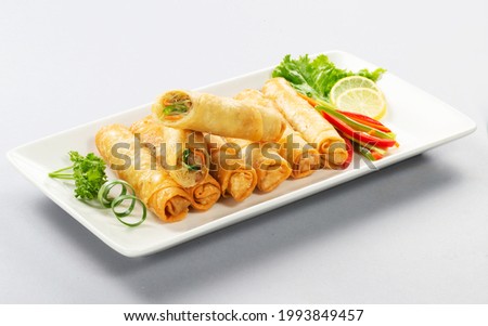 Fried Chinese Traditional Spring rolls food in ceramic plate (beautiful shape) on white background
