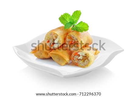 Fried Chinese Traditional Spring rolls food in ceramic plate (beautiful shape) on white background