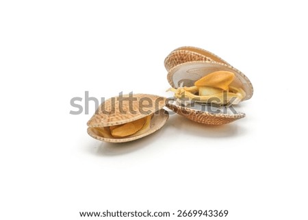 Fried clams with chilli paste on a white background. Clams have 2 shells.