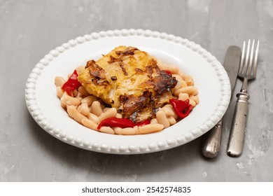 fried cod fish with white beans and grilled red pepper on white plate