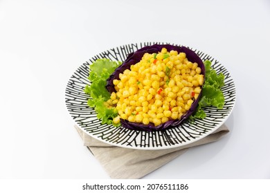 Fried Corn With Egg Yolk Sauce On White Background