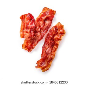 Fried Crispy Bacon Slices Isolated On White Background. Top View. Copy Space.