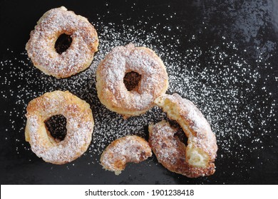 Fried Curd Rings On Black Metal Tray, Top View With Copy Space