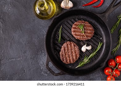 Fried Cutlet For Burger With Spices On Grill Pan, Top View, Copy Space.