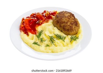 Fried cutlet with mashed potato, lecho in white glass plate isolated on white background