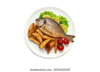 Fried Dorado Fish, With Fried Potatoes, On A White Background, Horizontal, No People, Top View,