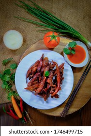 Fried Dried Pork With Ketchup And Spicy Ingredients,  Thai Food, Home Cooking And Restaurant Menu, Top View Food Flatlay