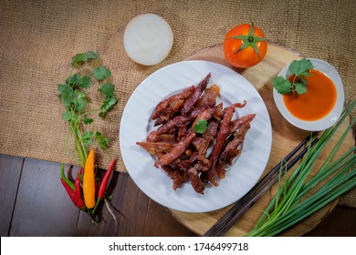 Fried Dried Pork With Ketchup And Spicy Ingredients,  Thai Food, Home Cooking And Restaurant Menu, Top View Food Flatlay