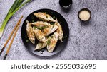 Fried dumplings Gyoza on a plate on a gray concrete background, top view