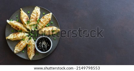 Fried dumplings with soy sauce. Gyoza. Healthy eating. Asian food