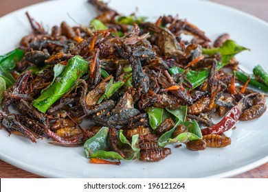 Fried edible insects mix on white plate with green lime leaves.  Fried insects are regional delicacies food in Thailand 