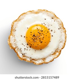 Fried egg with crispy edges and black pepper isolated on white background