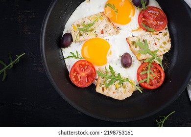 Fried Egg, Meatloaf, And Tomatoes. Keto, Paleo Breakfast. Top View, Flat Lay