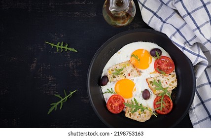 Fried Egg, Meatloaf, And Tomatoes. Keto, Paleo Breakfast. Top View, Flat Lay