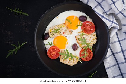 Fried Egg, Meatloaf, And Tomatoes. Keto, Paleo Breakfast. Top View, Flat Lay